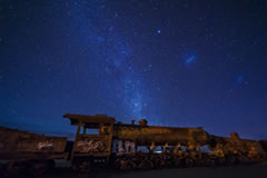 Stars above the train cemetery.